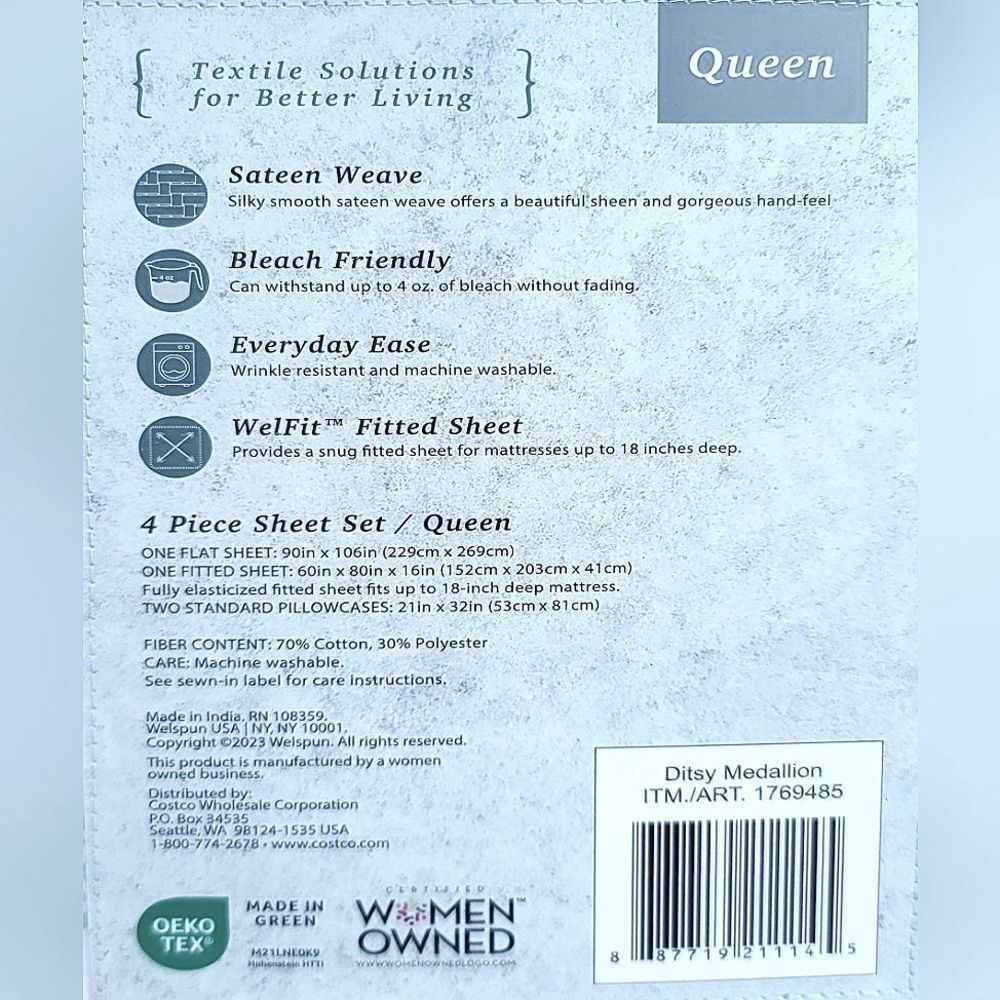 Welhome Cotton Rich Sateen 320TC Ditsy Medallion 4pc Sheet Set Deep Fit, Queen - Picture 8 of 8